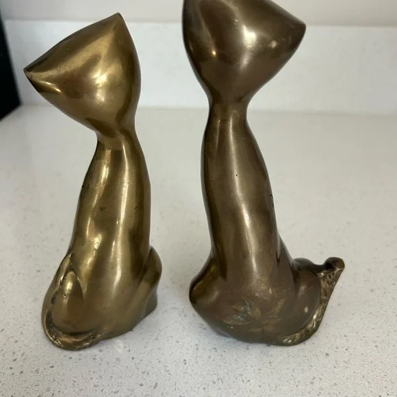 Brass Cats Mid Century Modern Decor Statuettes Vintage Kitty MCM - Picture 6 of 6
